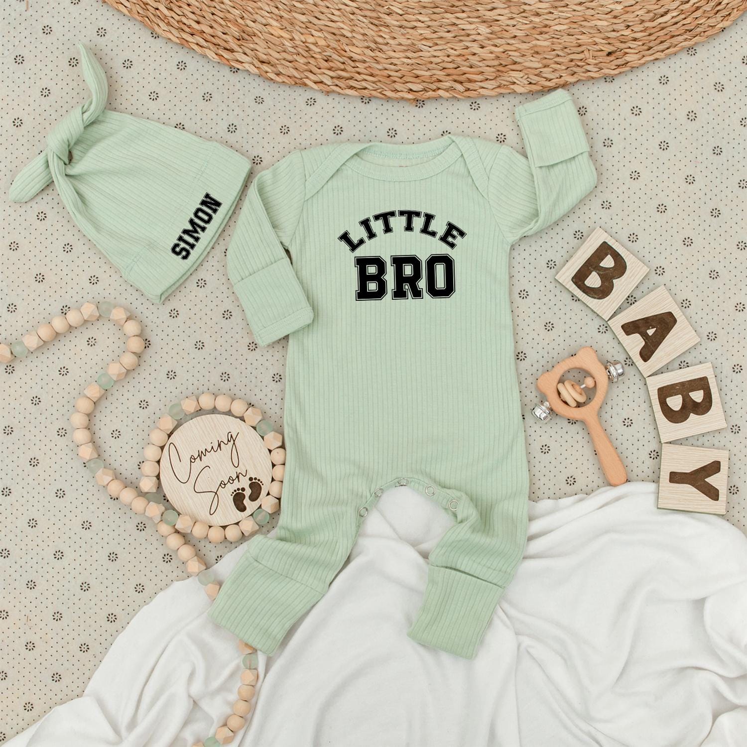 Personalized Little Bro Bodysuit & Simon Name Hat Set for Baby Boy Newborn Gift Announcement Outfit Classic Collegiate Soft Cotton Infant Sibling Brother Clothes