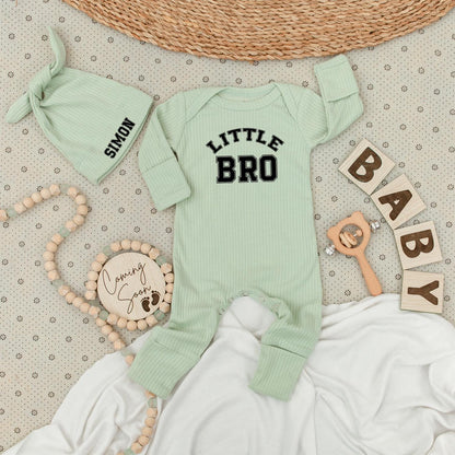 Personalized Little Bro Bodysuit & Simon Name Hat Set for Baby Boy Newborn Gift Announcement Outfit Classic Collegiate Soft Cotton Infant Sibling Brother Clothes