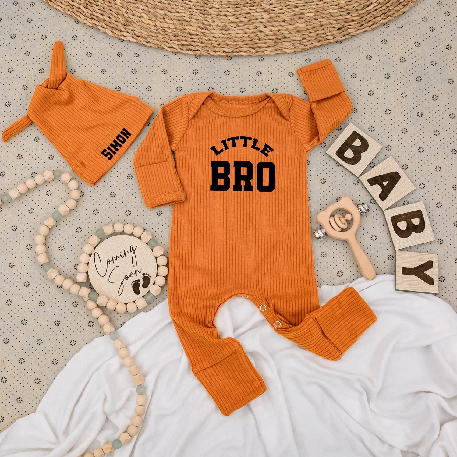 Little Brother Bodysuit and Hat Set Black Text "LITTLE BRO" "SIMON" Newborn Boy Gift Minimalist Modern Baby Outfit