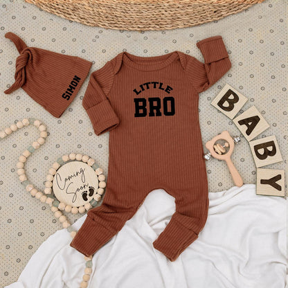 Little Brother Bodysuit and Hat Set Black Text "LITTLE BRO" "SIMON" Newborn Boy Gift Minimalist Modern Baby Outfit