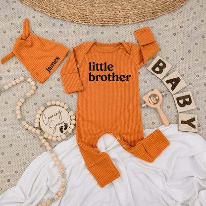 Little Brother Bodysuit & Hat Set - James Name, Baby Boy Outfit, Modern Minimalist Newborn Gift, Coming Soon Announcement