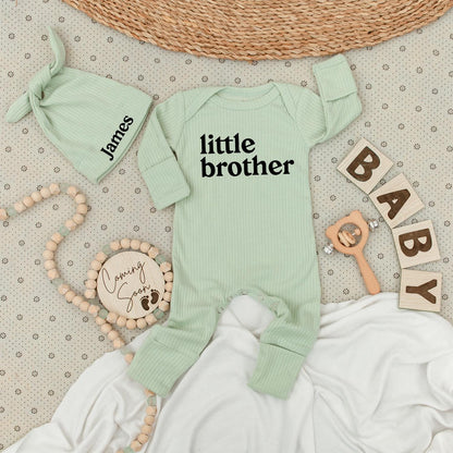 Little Brother Bodysuit & Hat Set - James Name, Baby Boy Outfit, Modern Minimalist Newborn Gift, Coming Soon Announcement