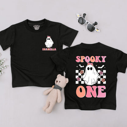 My First Boo Ghost T-Shirt Pink Bow Spooky One Outfit Baby Girl Halloween Outfit, Peach & Checkerboard Back Design, Cute Toddler Gift 138chars