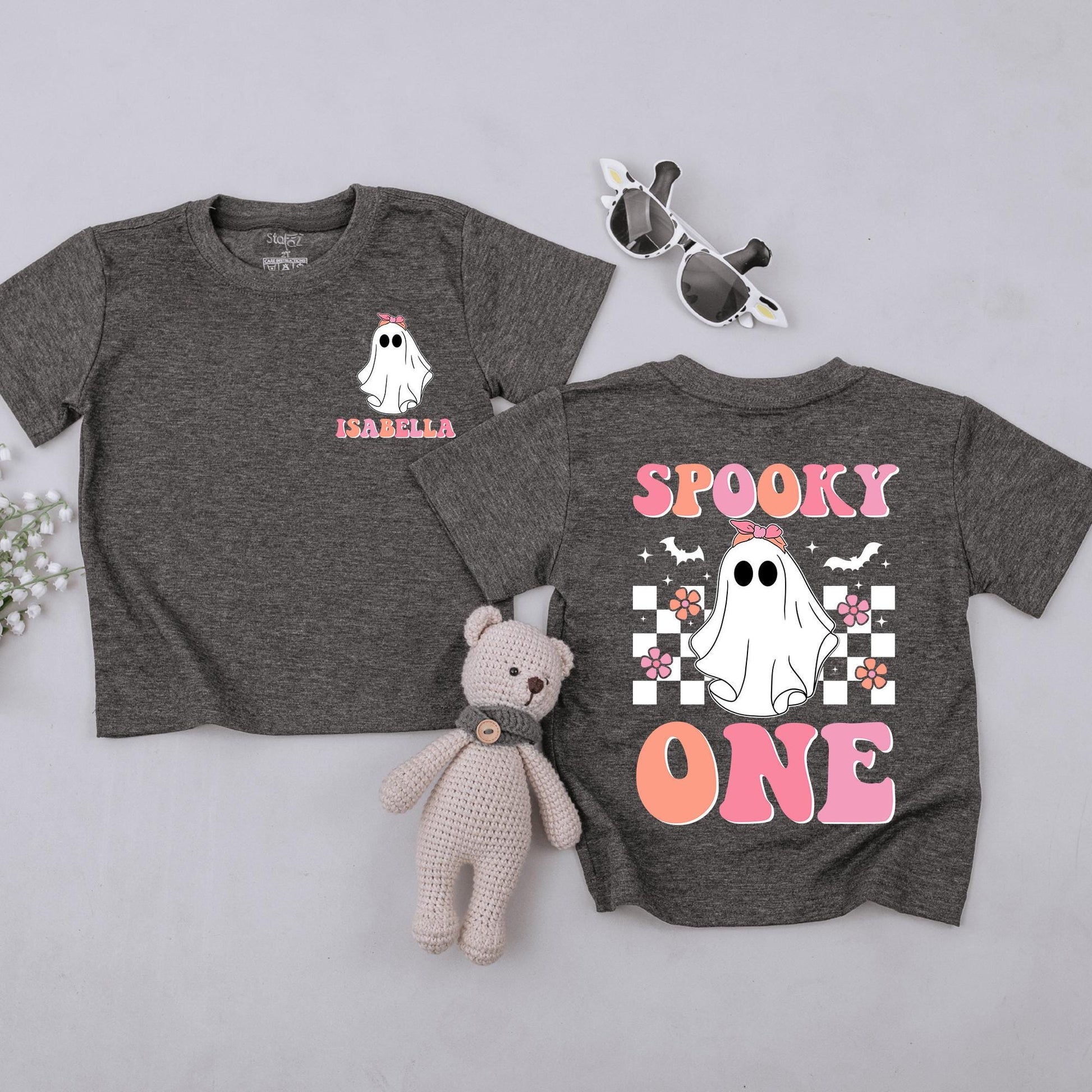 My First Boo Ghost T-Shirt Pink Bow Spooky One Outfit Baby Girl Halloween Outfit, Peach & Checkerboard Back Design, Cute Toddler Gift 138chars