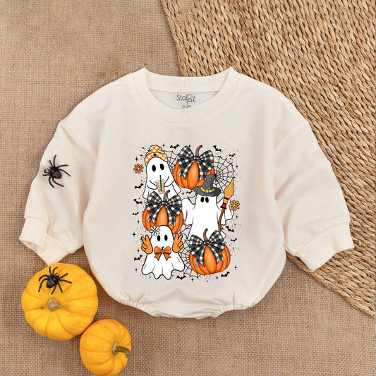 Cute & Spooky Ghost Pumpkin Romper Baby First Halloween Bubble Outfit Cute Cartoon Halloween Clothes Spooky Season Toddler Gift