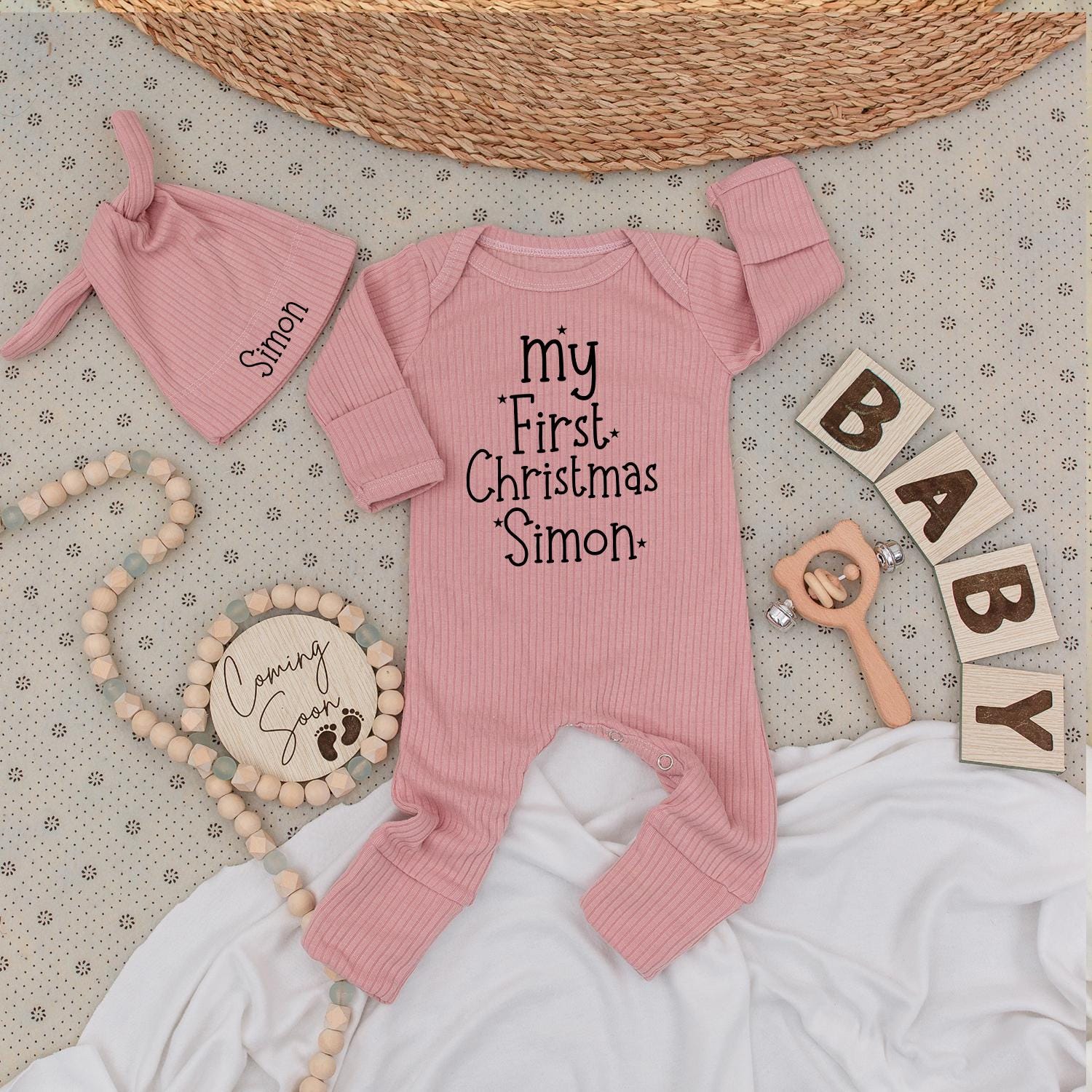 Simon's First Christmas Baby Bodysuit and Hat Set Cute Personalized Name Bubble Romper Unisex Baby Gift for Holiday Celebrations