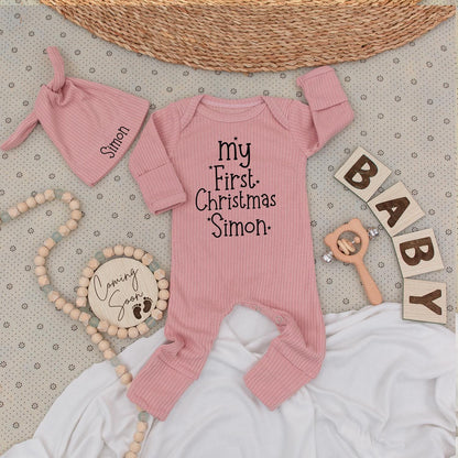 Simon's First Christmas Baby Bodysuit and Hat Set Cute Personalized Name Bubble Romper Unisex Baby Gift for Holiday Celebrations