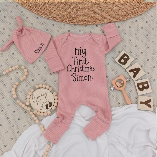 Simon's First Christmas Baby Bodysuit and Hat Set Cute Personalized Name Bubble Romper Unisex Baby Gift for Holiday Celebrations