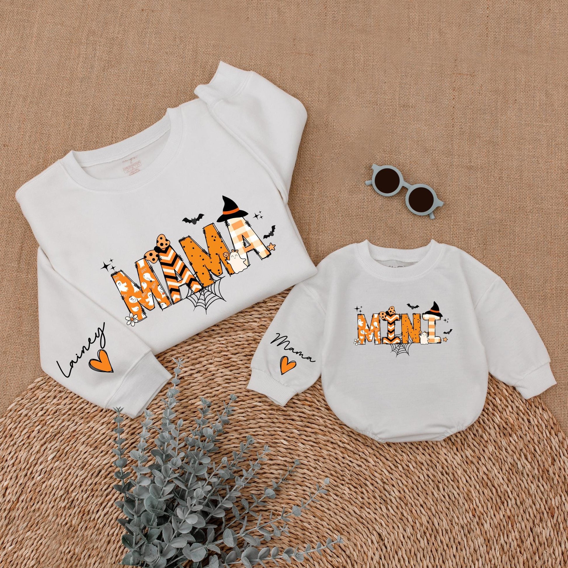 Custom Mama and Mini Halloween Sweatshirts Cute Ghost Spiderweb Design Spooky Season Matching Mom and Me Outfit Orange Black Witch Bat Stars
