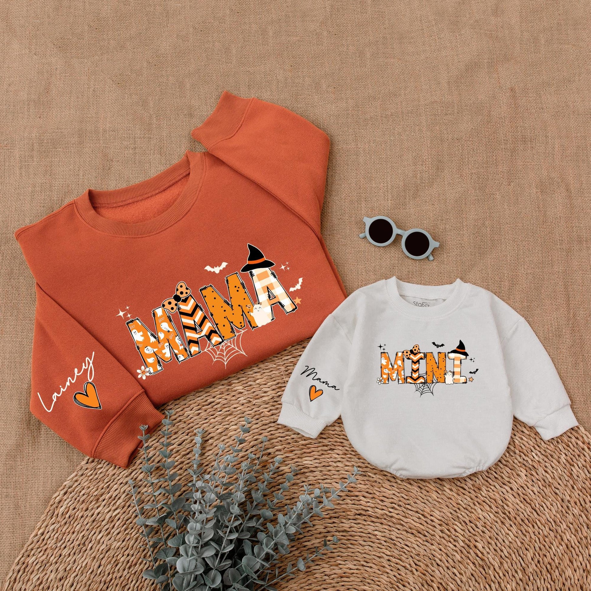 Custom Mama and Mini Halloween Sweatshirts Cute Ghost Spiderweb Design Spooky Season Matching Mom and Me Outfit Orange Black Witch Bat Stars