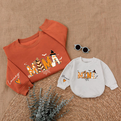 Custom Mama and Mini Halloween Sweatshirts Cute Ghost Spiderweb Design Spooky Season Matching Mom and Me Outfit Orange Black Witch Bat Stars