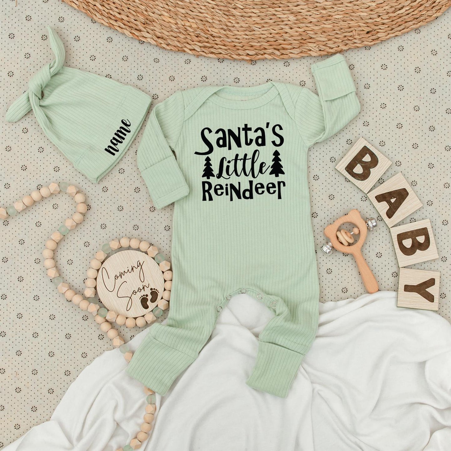 Santa's Little Reindeer Baby Bodysuit and Hat Set Cute Christmas Tree Text Unisex Newborn Gift Personalized Name Outfit 1st Xmas