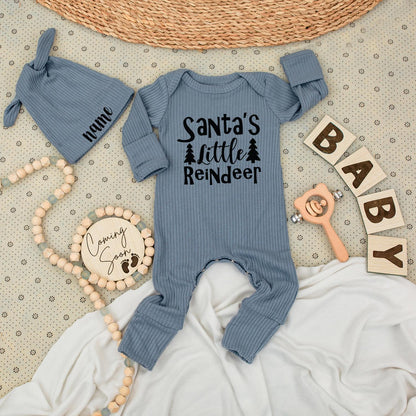 Santa's Little Reindeer Baby Bodysuit and Hat Set Cute Christmas Tree Text Unisex Newborn Gift Personalized Name Outfit 1st Xmas