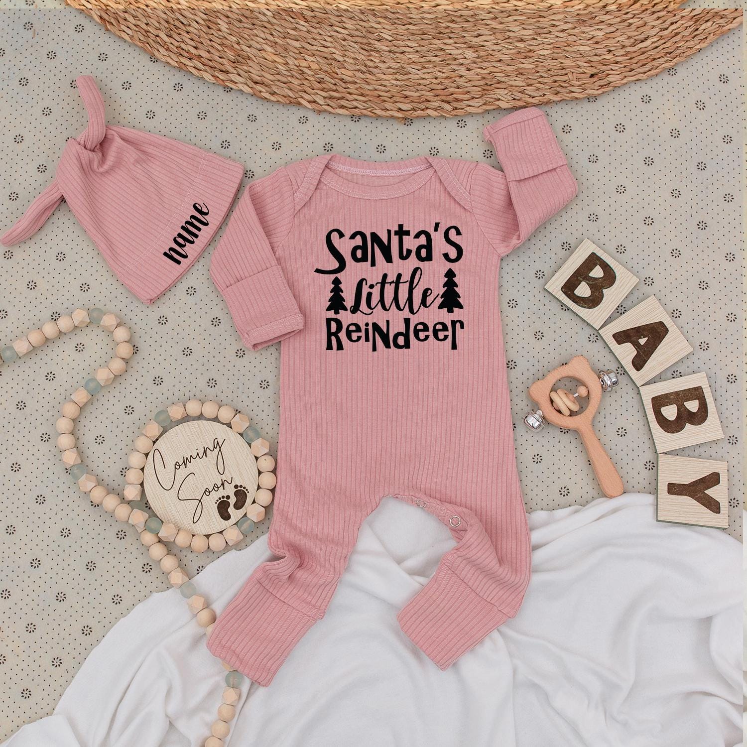 Santa's Little Reindeer Baby Bodysuit and Hat Set Cute Christmas Tree Text Unisex Newborn Gift Personalized Name Outfit 1st Xmas