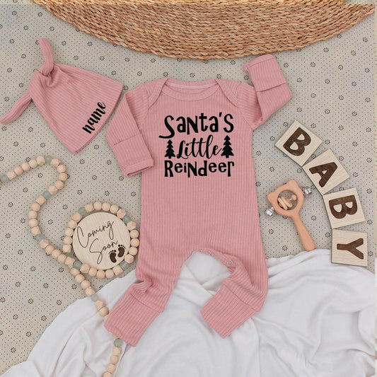 Santa's Little Reindeer Baby Bodysuit and Hat Set Cute Christmas Tree Text Unisex Newborn Gift Personalized Name Outfit 1st Xmas