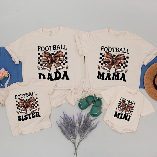 Football Family Matching Shirts DADA MAMA SISTER MINI with Checkerboard Bow Design for Football Season Gifts Baby Romper