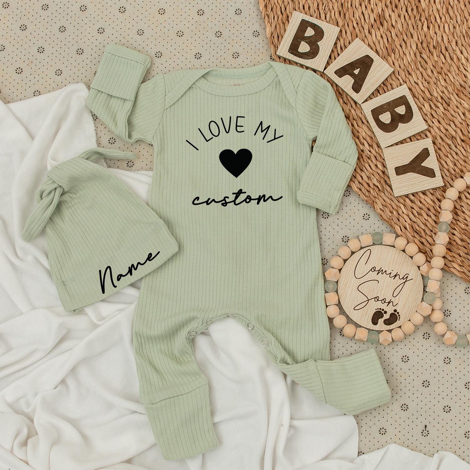 I Love My Custom Name Baby Bodysuit & Hat Set - Minimalist Newborn Outfit Coming Soon Personalized Infant Clothes Shower Gift Long Sleeve Romper 137