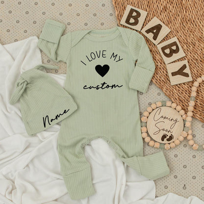 I Love My Custom Name Baby Bodysuit & Hat Set - Minimalist Newborn Outfit Coming Soon Personalized Infant Clothes Shower Gift Long Sleeve Romper 137