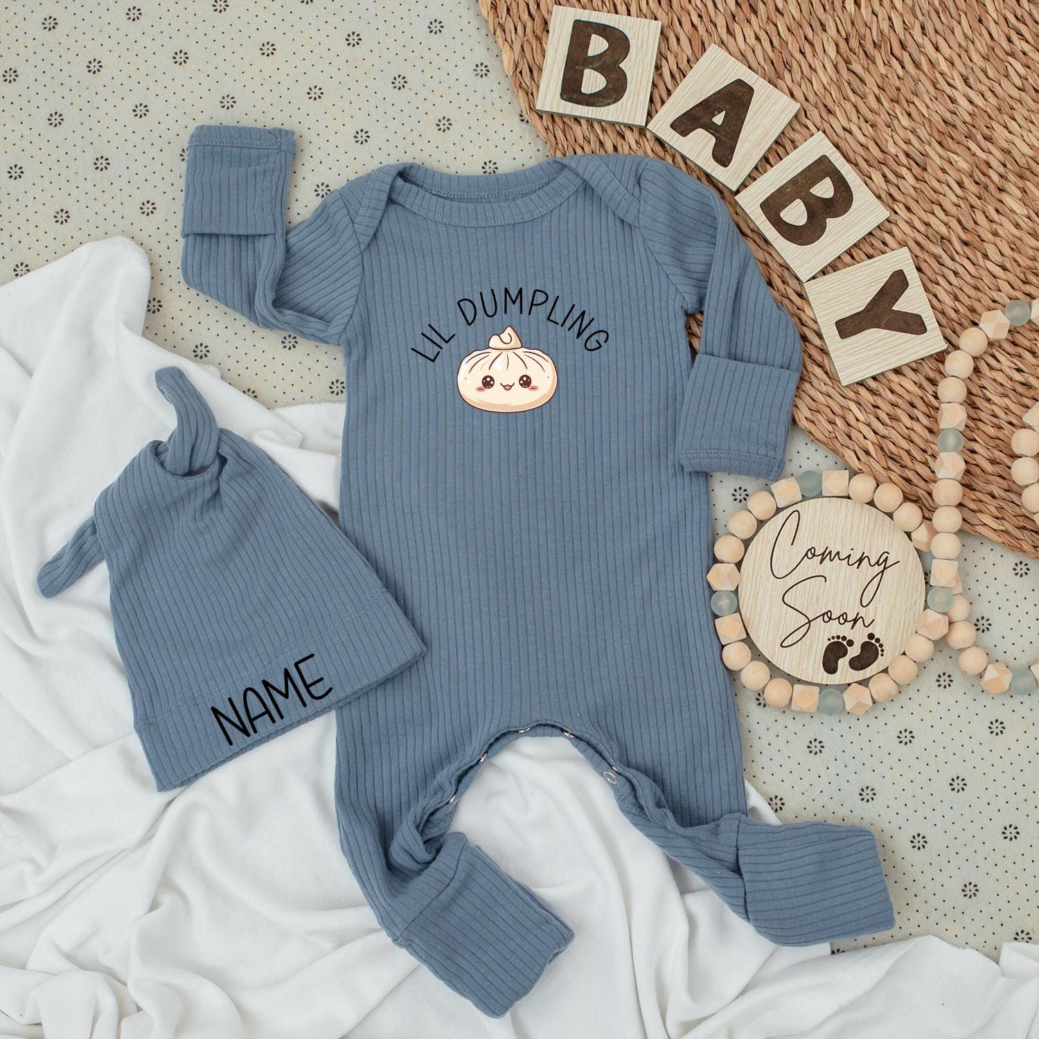 Lil Dumpling Personalized Baby Outfit Set | Newborn Coming Home Outfit with Hat | Cute Baby Shower Gift Long Sleeve Jumpsuit Custom Name (139 chars)