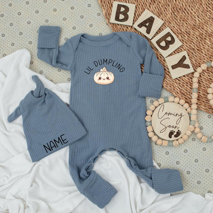 Lil Dumpling Personalized Baby Outfit Set | Newborn Coming Home Outfit with Hat | Cute Baby Shower Gift Long Sleeve Jumpsuit Custom Name (139 chars)