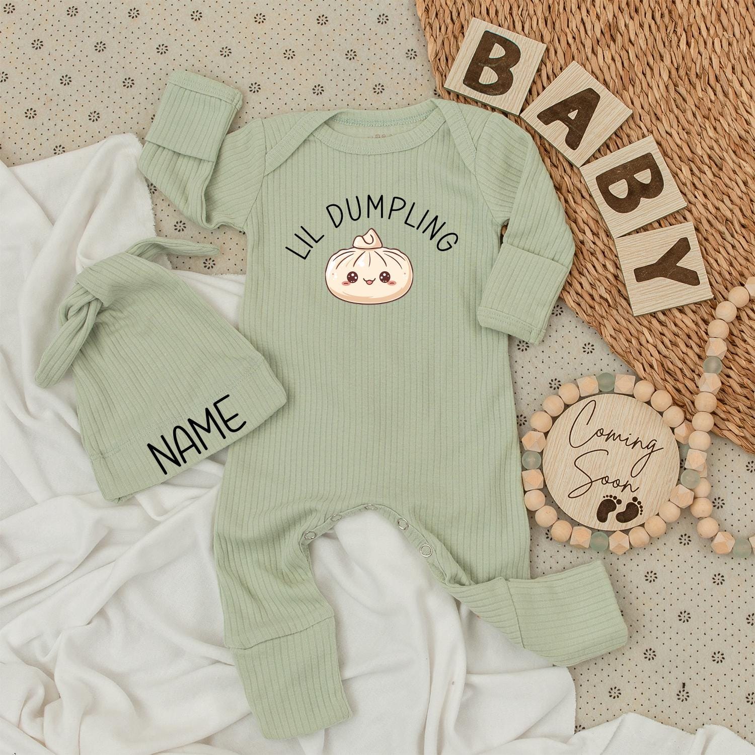 Lil Dumpling Personalized Baby Outfit Set | Newborn Coming Home Outfit with Hat | Cute Baby Shower Gift Long Sleeve Jumpsuit Custom Name (139 chars)