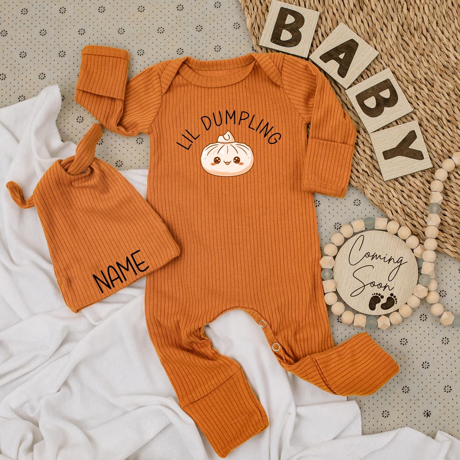 Lil Dumpling Personalized Baby Outfit Set | Newborn Coming Home Outfit with Hat | Cute Baby Shower Gift Long Sleeve Jumpsuit Custom Name (139 chars)
