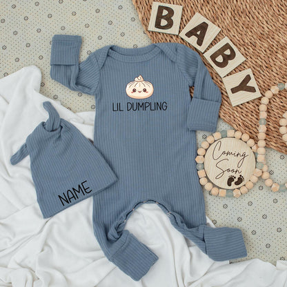 Personalized Lil Dumpling Kawaii Newborn Baby Bodysuit and Hat Set Long Sleeve Coming Home Outfit Adorable Infant Shower Gift Jumpsuit