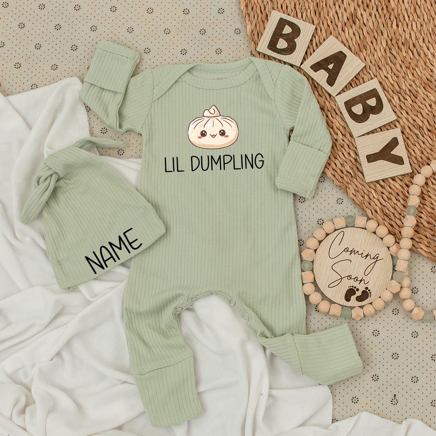 Personalized Lil Dumpling Kawaii Newborn Baby Bodysuit and Hat Set Long Sleeve Coming Home Outfit Adorable Infant Shower Gift Jumpsuit