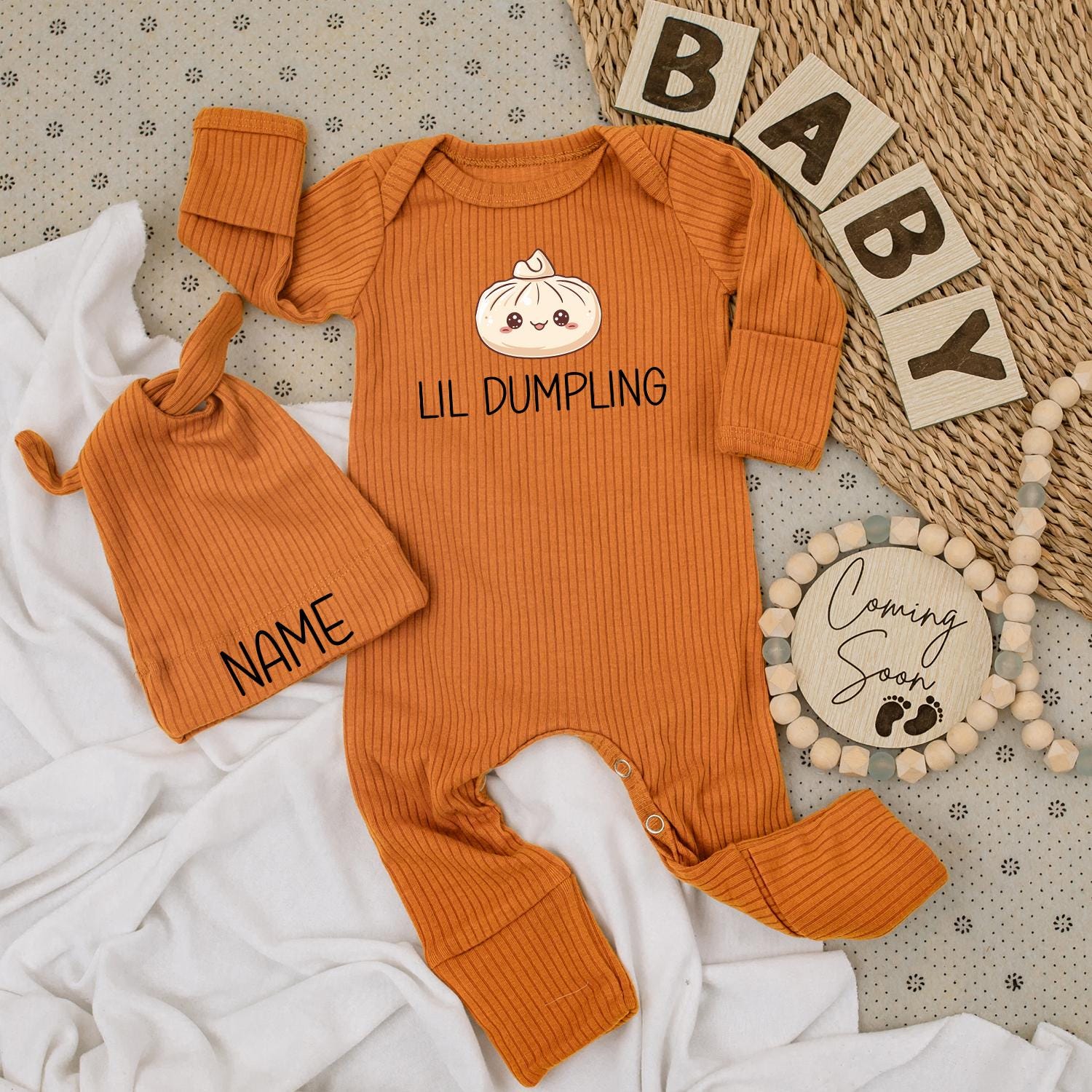 Personalized Lil Dumpling Kawaii Newborn Baby Bodysuit and Hat Set Long Sleeve Coming Home Outfit Adorable Infant Shower Gift Jumpsuit