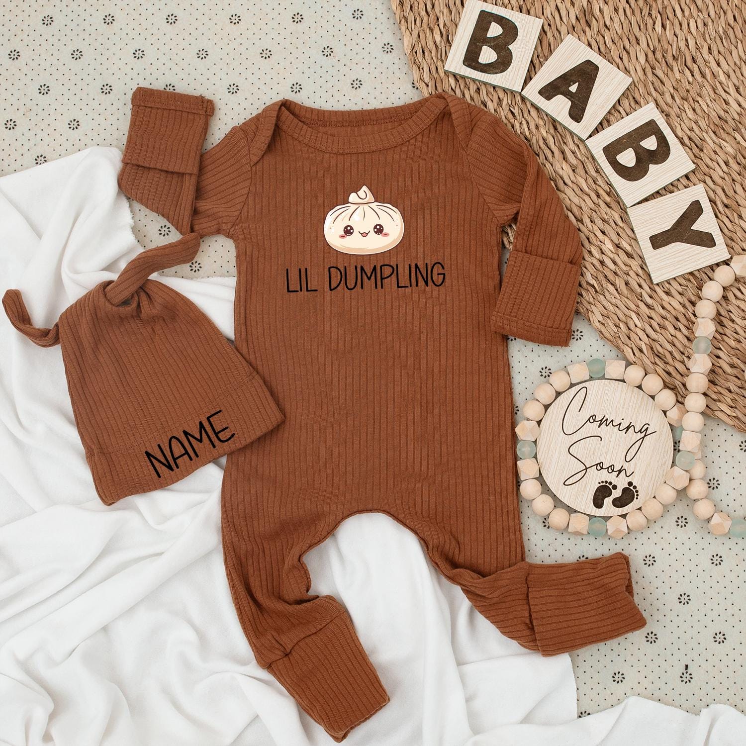 Personalized Lil Dumpling Kawaii Newborn Baby Bodysuit and Hat Set Long Sleeve Coming Home Outfit Adorable Infant Shower Gift Jumpsuit