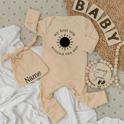 Personalized My First Trip Around The Sun Baby Bodysuit Hat Set Newborn Going Home Outfit Custom Name Modern Infant Romper Shower Gift