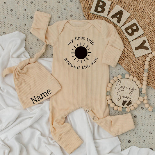 Personalized My First Trip Around The Sun Baby Bodysuit Hat Set Newborn Going Home Outfit Custom Name Modern Infant Romper Shower Gift