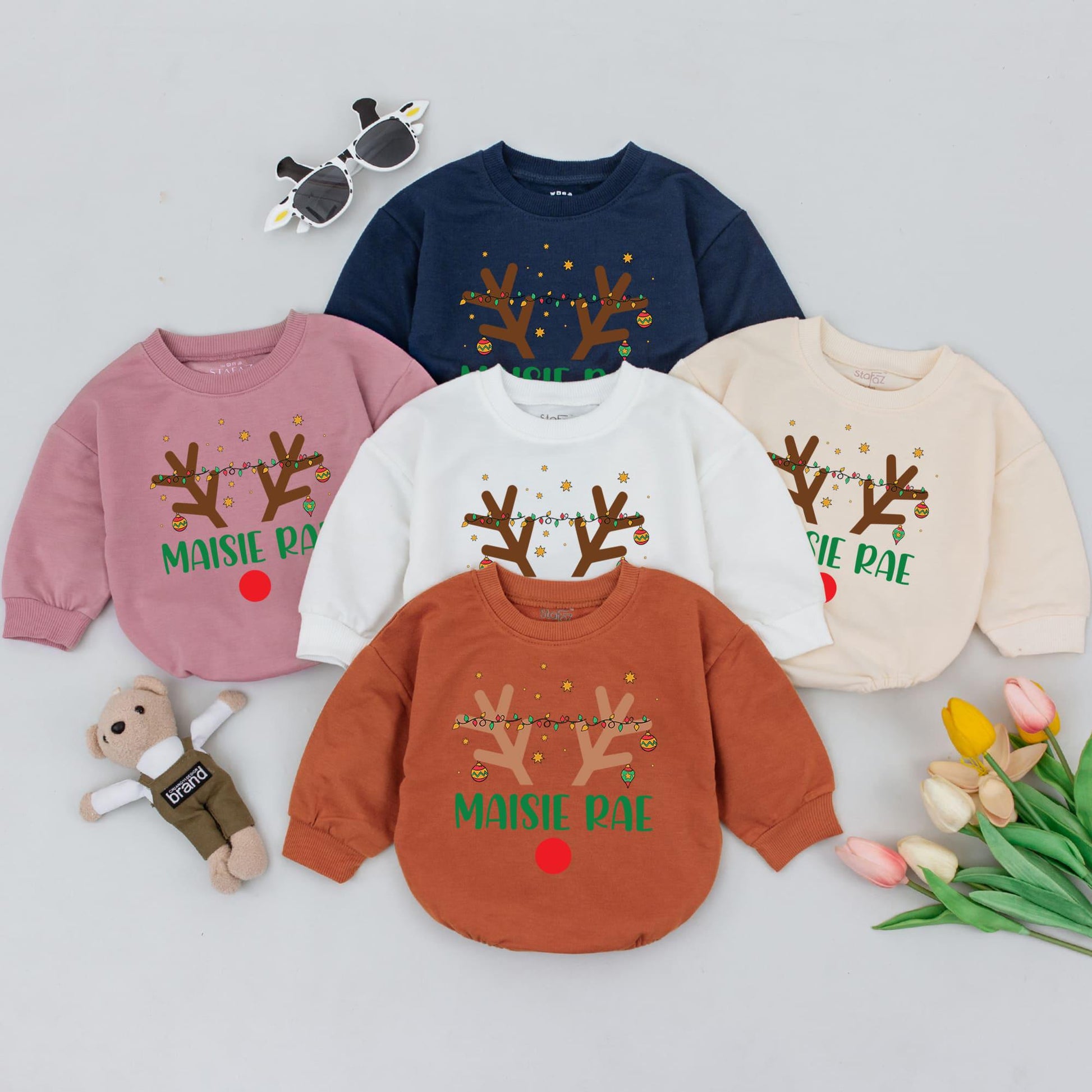Holiday Reindeer Bubble Romper - 1st Xmas Personalized Baby Outfit