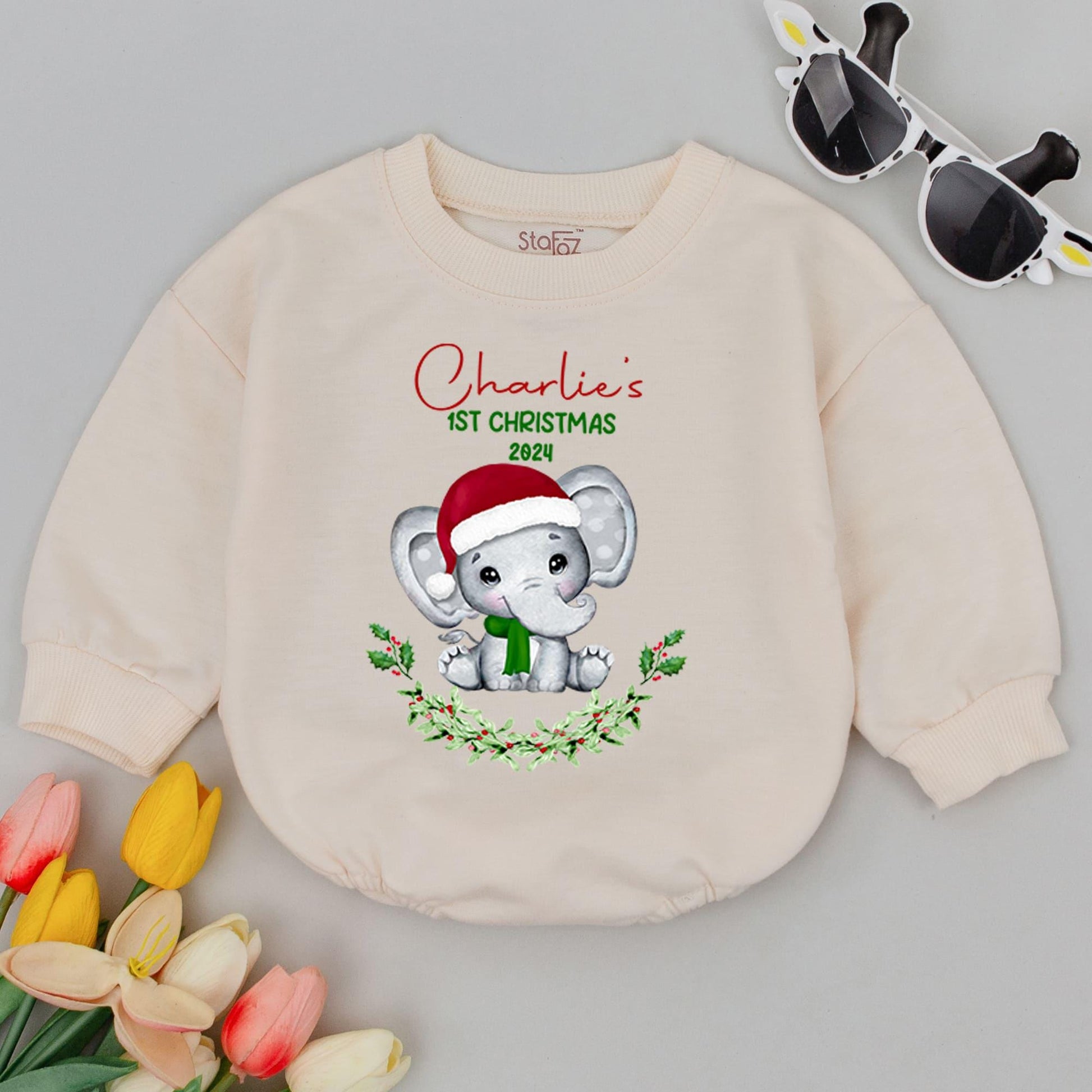 Elephant Christmas Bubble Romper: Personalized Baby Holiday Outfit