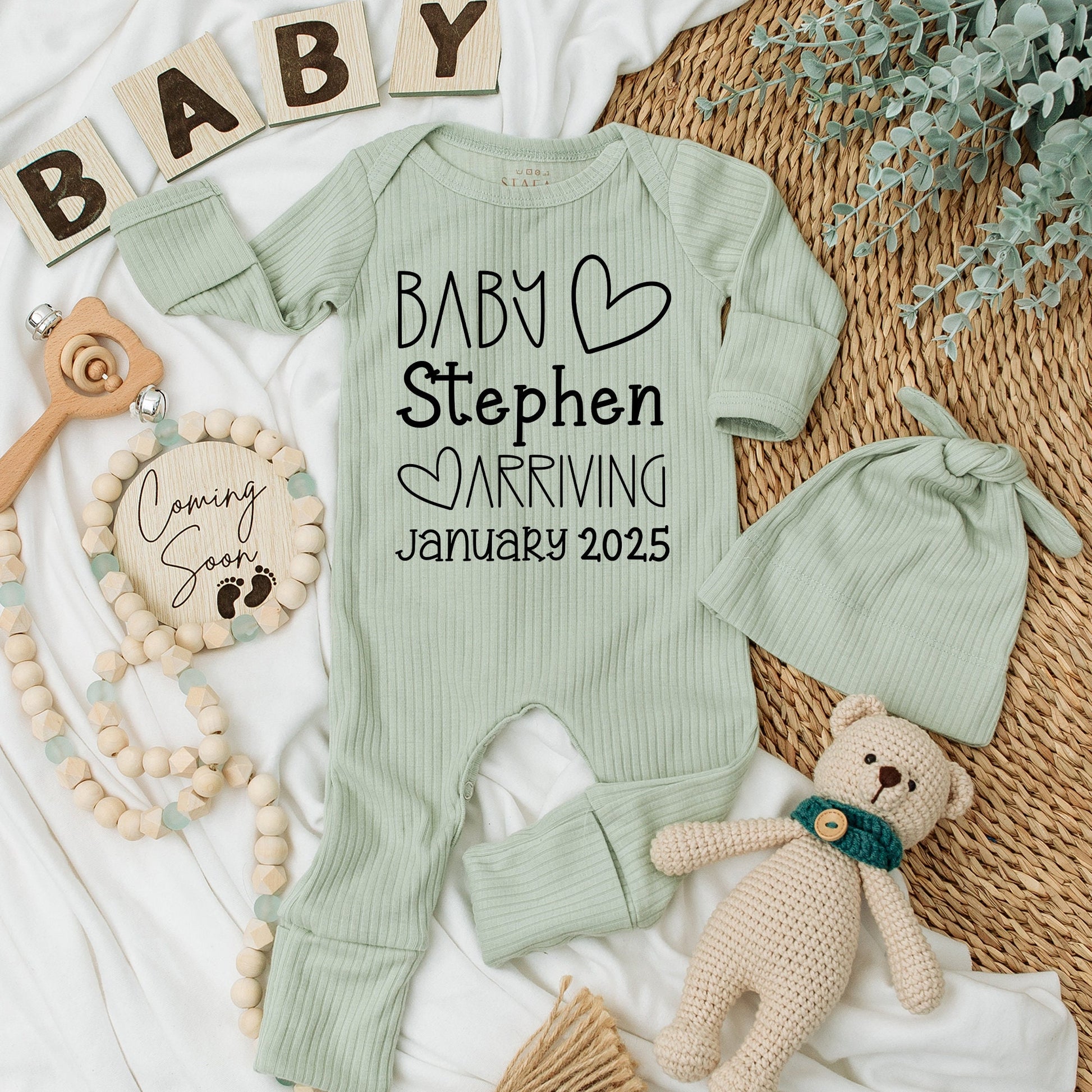 Personalized Baby Arriving Romper - Custom Name & Date Newborn Outfit, Soft Silky Going Home Outfit for Baby Boys & Girls, Minimalist Heart Design 139
