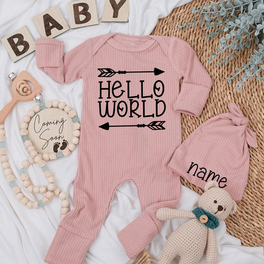 Hello World Baby Announcement Outfit, Gender Neutral Bodysuit & Hat Set, Coming Soon Newborn Gift, Modern Black Print, Shower Gift Name Hat  (136 chars)