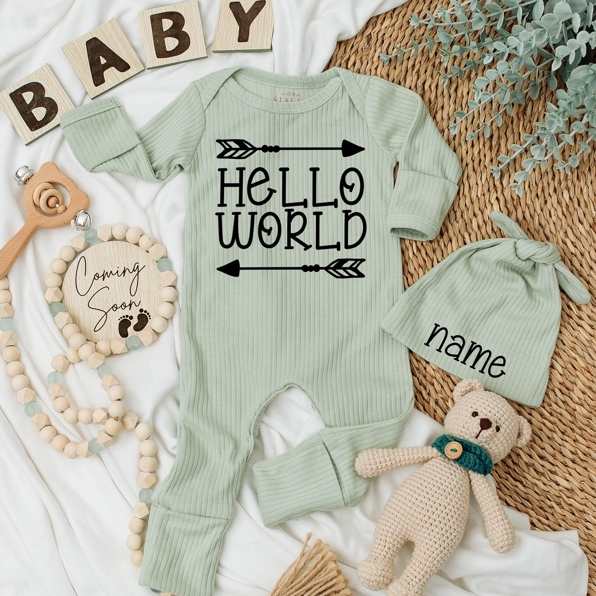 Hello World Baby Announcement Outfit, Gender Neutral Bodysuit & Hat Set, Coming Soon Newborn Gift, Modern Black Print, Shower Gift Name Hat  (136 chars)