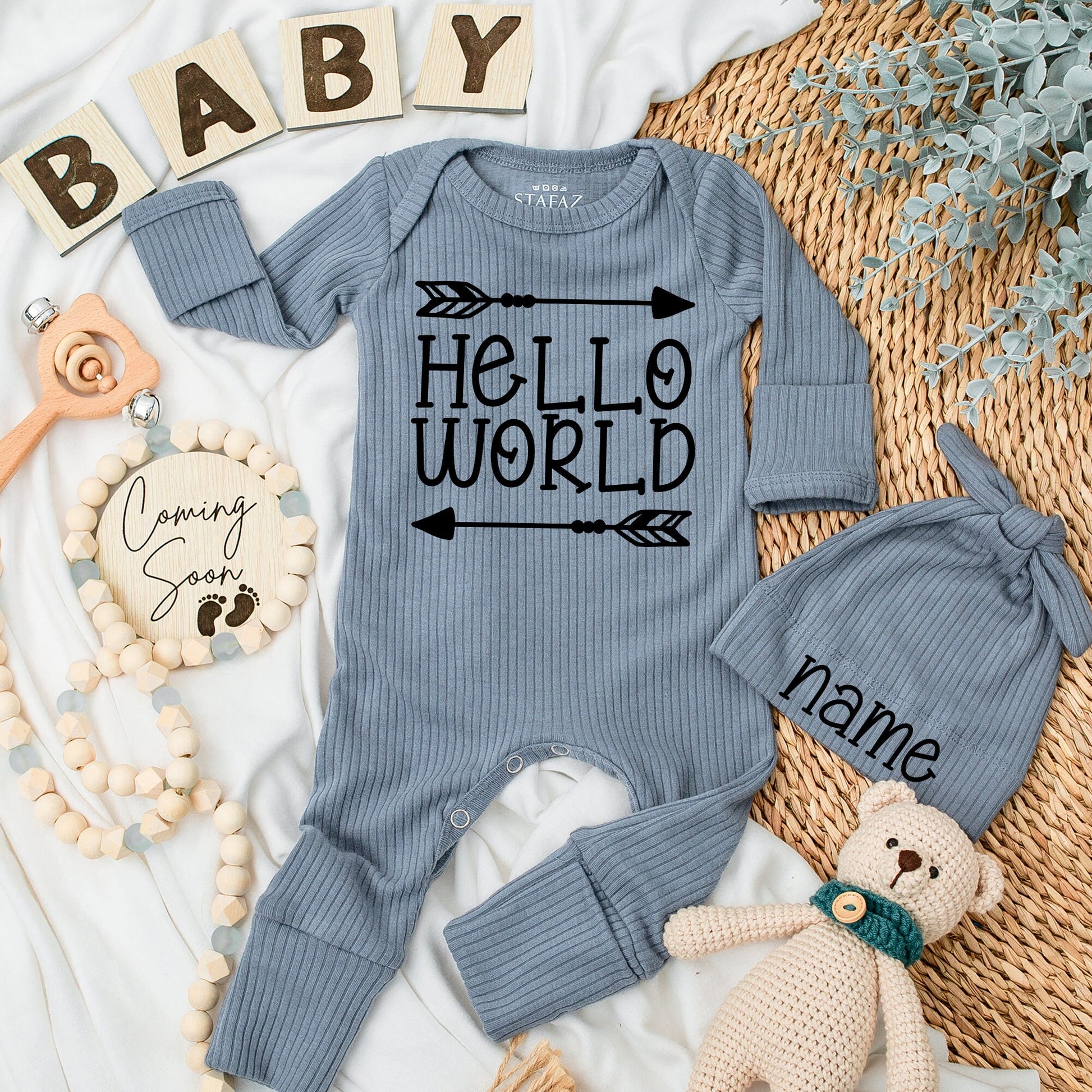 Hello World Baby Announcement Outfit, Gender Neutral Bodysuit & Hat Set, Coming Soon Newborn Gift, Modern Black Print, Shower Gift Name Hat  (136 chars)