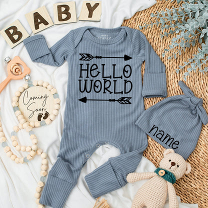 Hello World Baby Announcement Outfit, Gender Neutral Bodysuit & Hat Set, Coming Soon Newborn Gift, Modern Black Print, Shower Gift Name Hat  (136 chars)