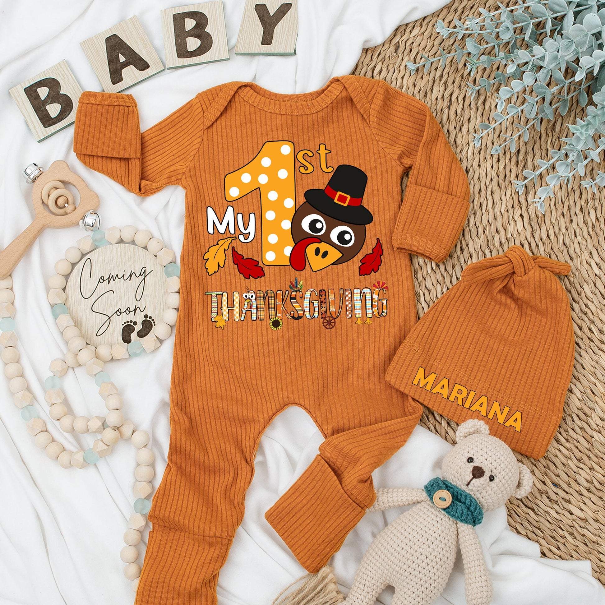 My First Thanksgiving Baby Bodysuit & Hat Set Newborn Boy Girl Thanksgiving Outfit Long Sleeve Coming Home Gift