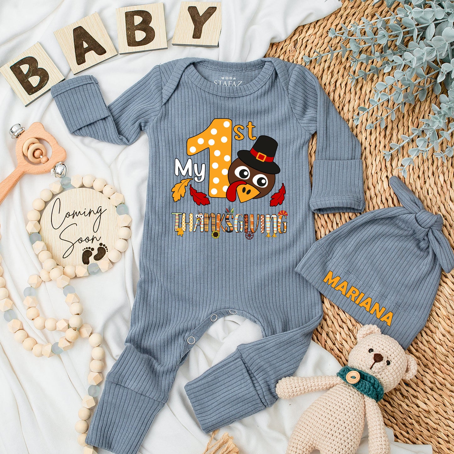 My First Thanksgiving Baby Bodysuit & Hat Set Newborn Boy Girl Thanksgiving Outfit Long Sleeve Coming Home Gift