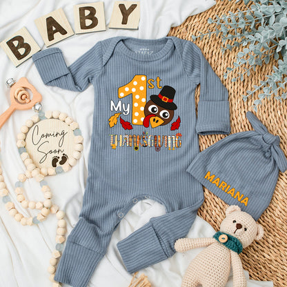 My First Thanksgiving Baby Bodysuit & Hat Set Newborn Boy Girl Thanksgiving Outfit Long Sleeve Coming Home Gift