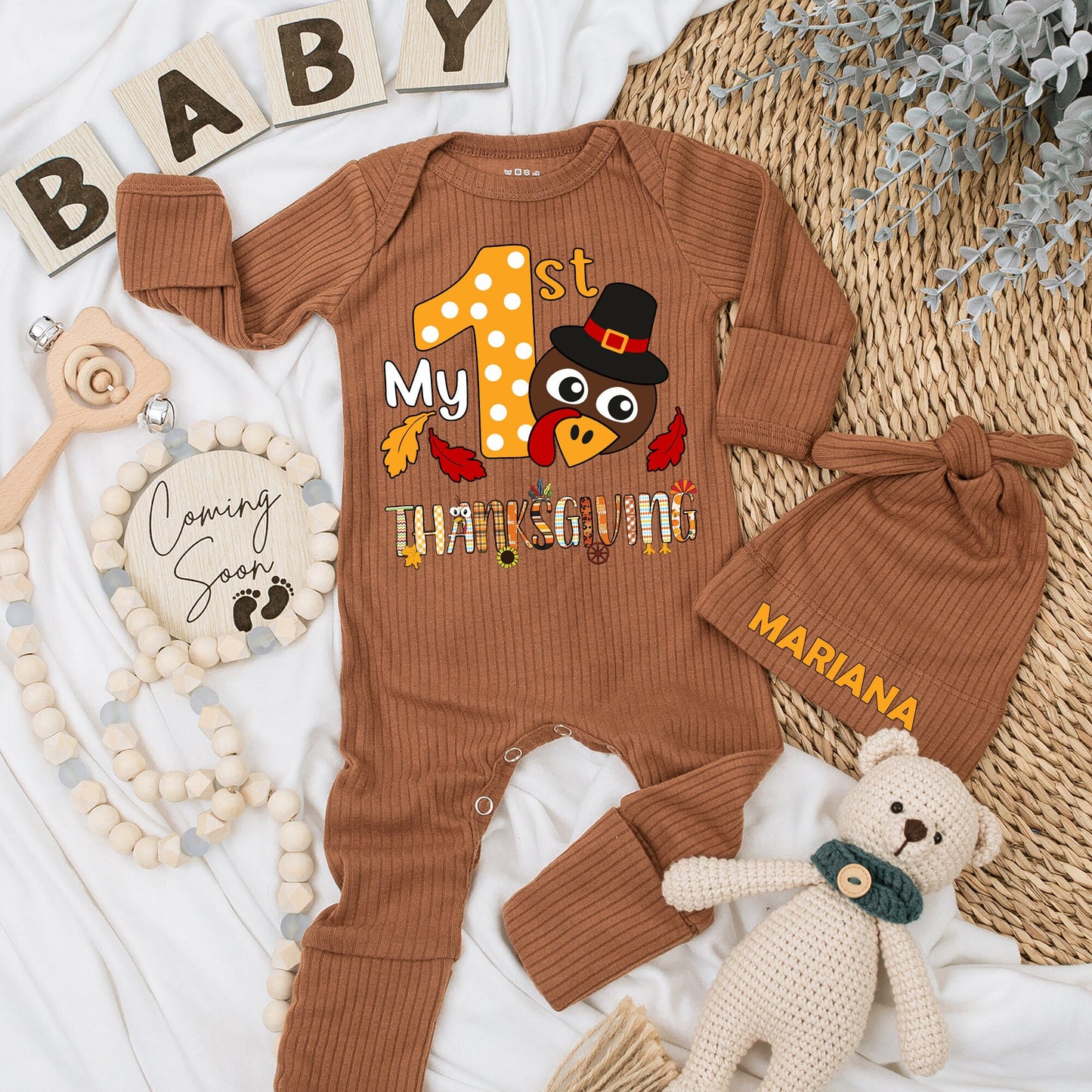My First Thanksgiving Baby Bodysuit & Hat Set Newborn Boy Girl Thanksgiving Outfit Long Sleeve Coming Home Gift