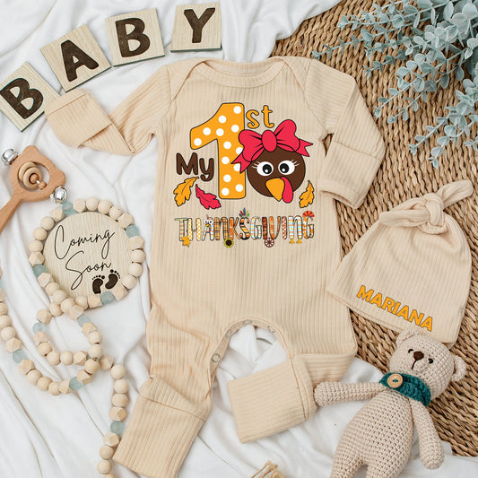 My 1st Thanksgiving Baby Bodysuit & Hat Set Cute Cartoon Turkey Polka Dot Outfit Newborn Girl Gift Long Sleeve