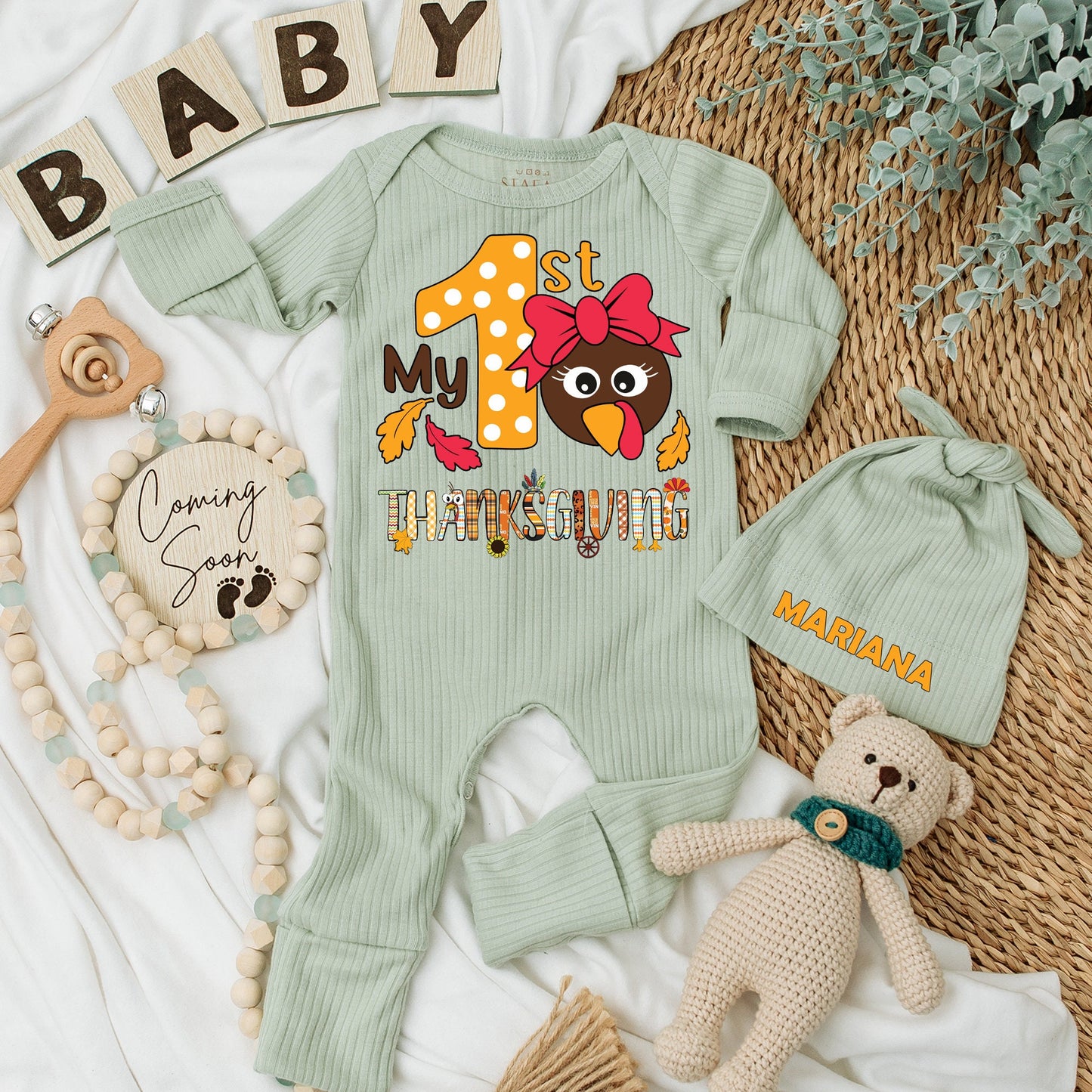 My 1st Thanksgiving Baby Bodysuit & Hat Set Cute Cartoon Turkey Polka Dot Outfit Newborn Girl Gift Long Sleeve