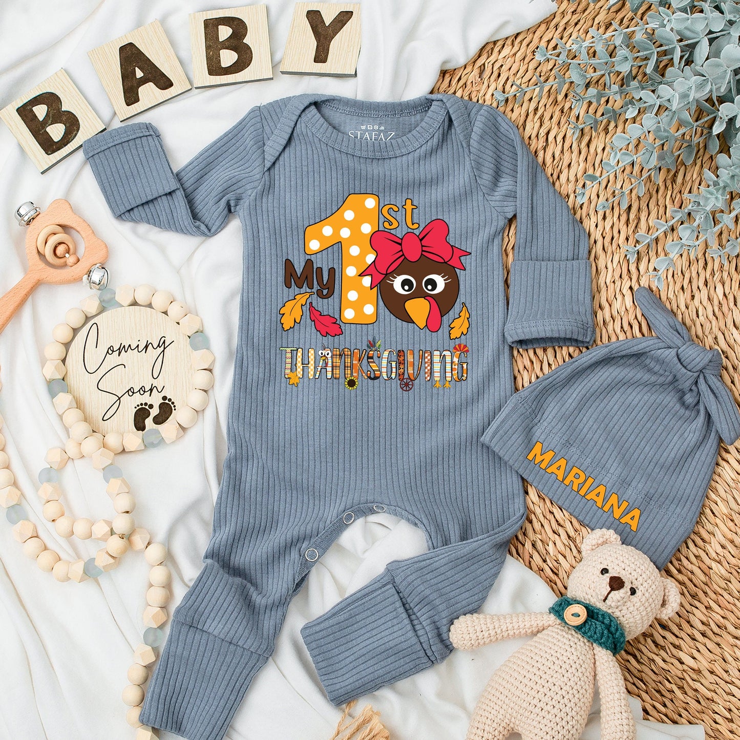 My 1st Thanksgiving Baby Bodysuit & Hat Set Cute Cartoon Turkey Polka Dot Outfit Newborn Girl Gift Long Sleeve
