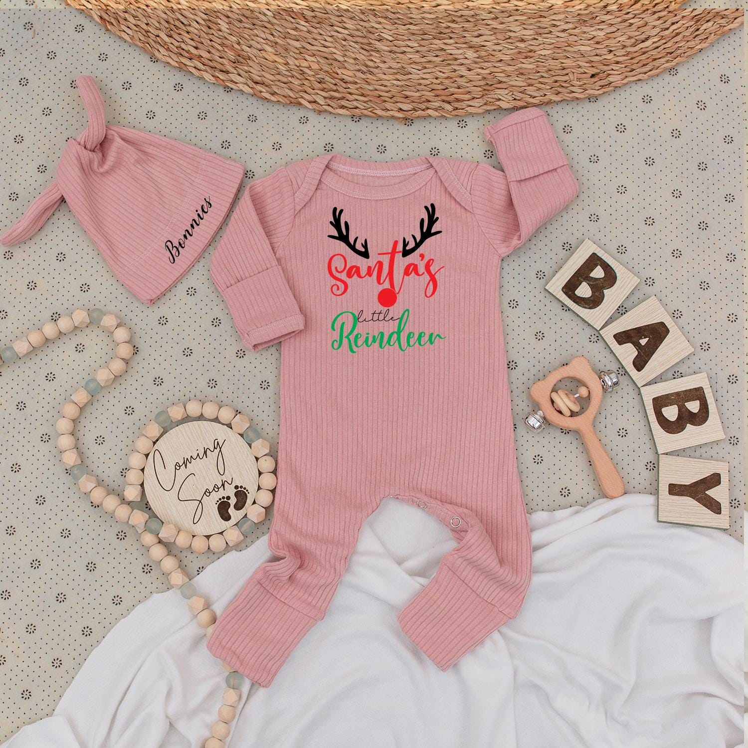 Santa's Little Reindeer Baby Bodysuit & Hat Christmas Outfit Personalized Name Coming Soon Cute 1st Xmas Gift Unisex