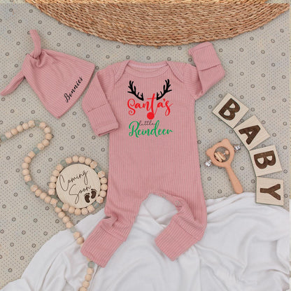 Santa's Little Reindeer Baby Bodysuit & Hat Christmas Outfit Personalized Name Coming Soon Cute 1st Xmas Gift Unisex