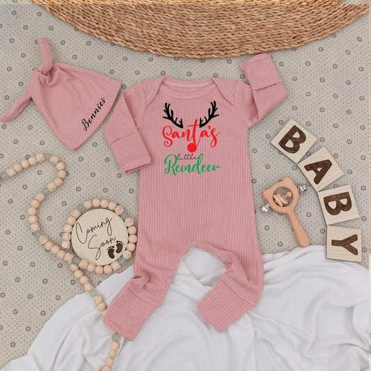 Santa's Little Reindeer Baby Bodysuit & Hat Christmas Outfit Personalized Name Coming Soon Cute 1st Xmas Gift Unisex