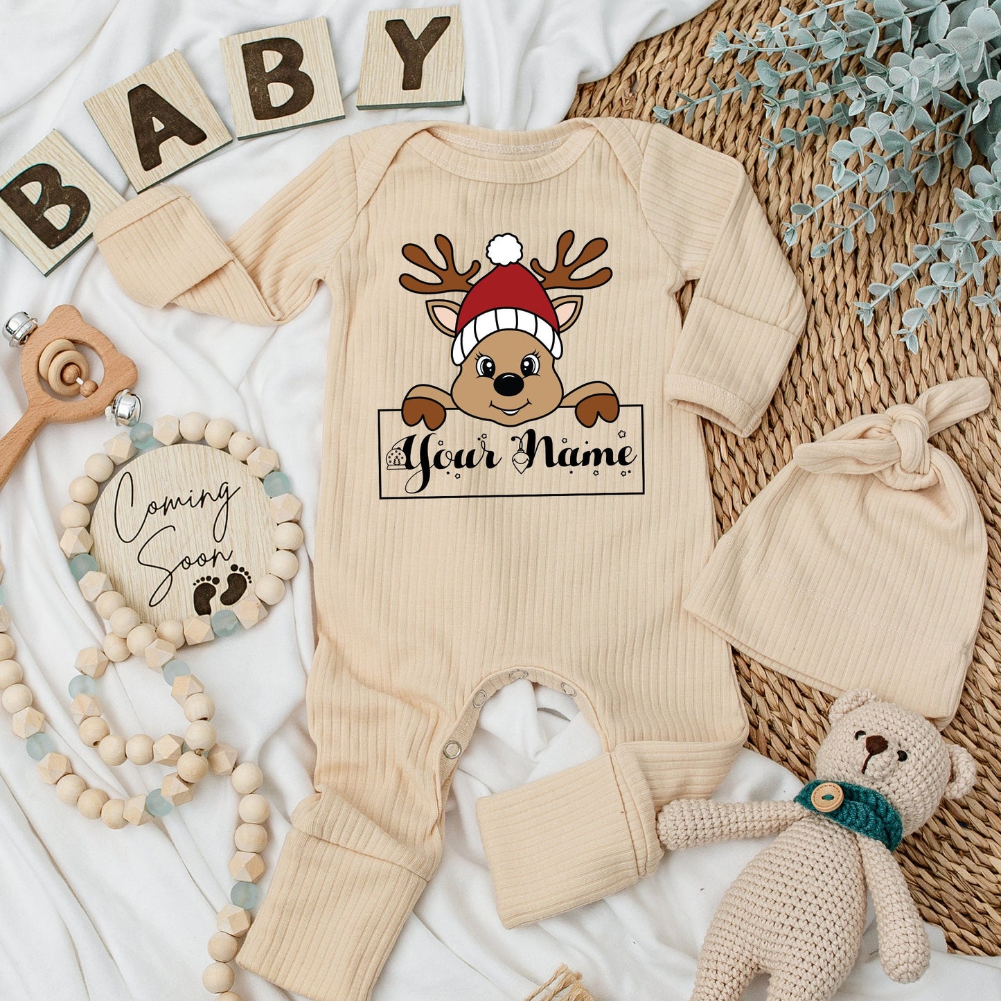 Personalized Boy Reindeer Christmas Outfit Cute Name Bodysuit and Hat Silky Soft Long Sleeve Romper Going Home Newborn Gift
